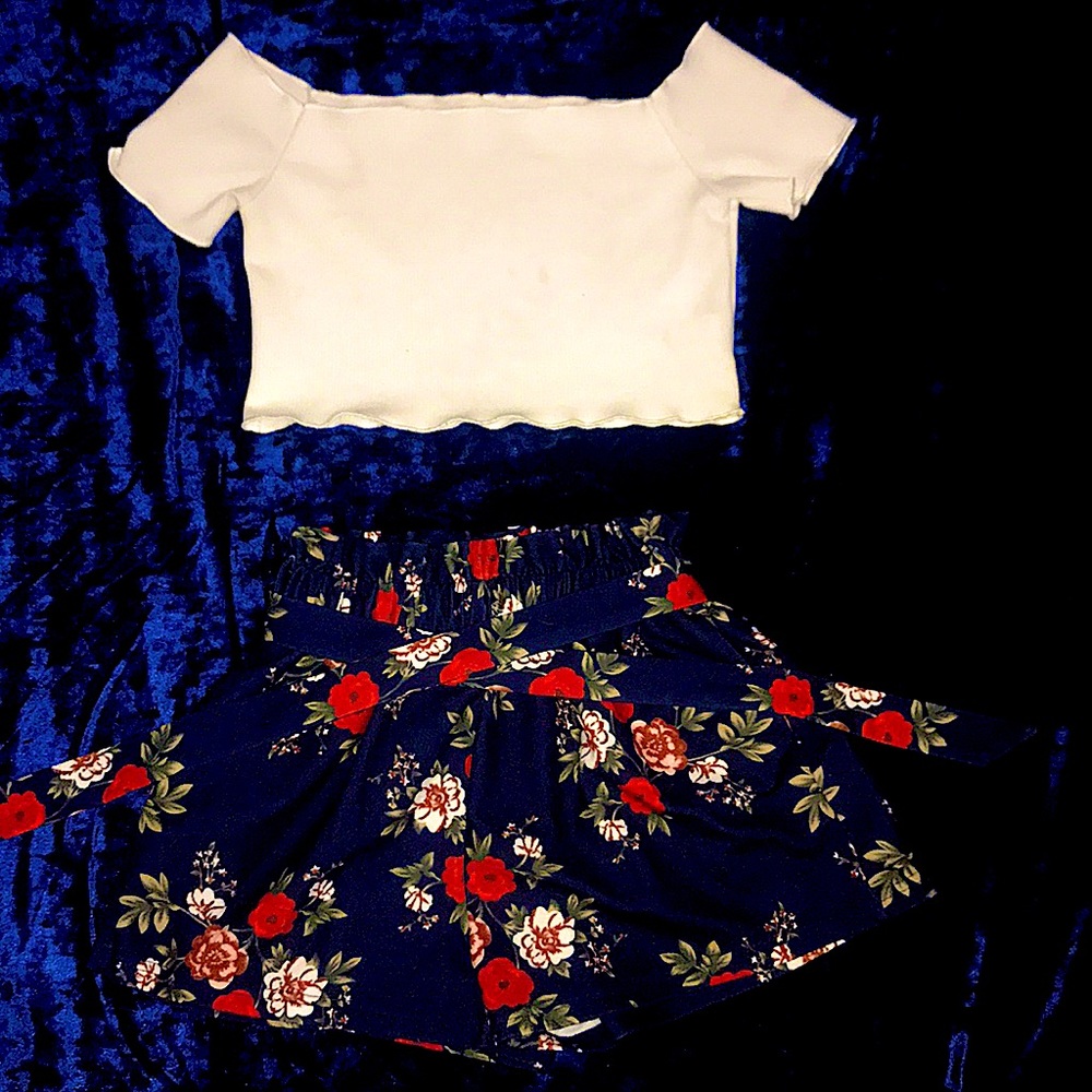 Floral design short and white off shoulder top
